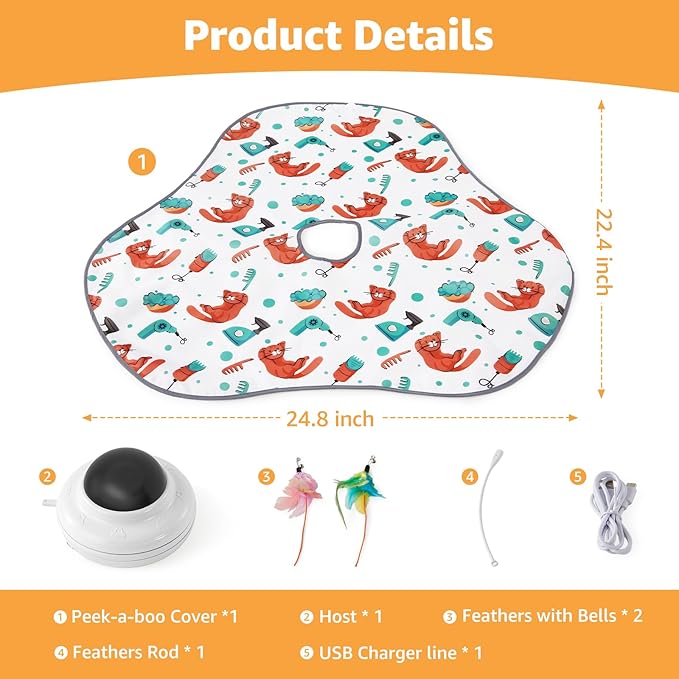 Interactive Cat Toys Rechargeable: Moving Concealed Feathers with Chime - Hide and Seek Toys,Touch Cat Kitten Toy Exercise Toys for Indoor Bored Adult Cats,White