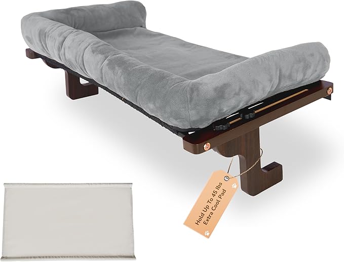 45LBS Capacity Cat Window Perch with Bolster, Hammock Seat with Plywood & Metal Frame, Cat Window Bed for Indoor Cats & Kitten, Extra Cood Pad (Walnut Wood & Gray Cushion, 24.8''W x 9.4''H)