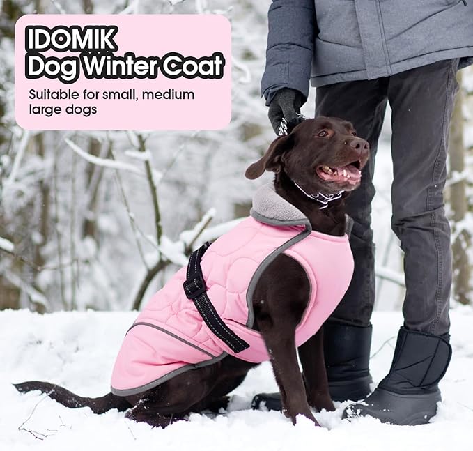 IDOMIK Dog Winter Jacket, Adjustable Waterproof Dog Warm Coat with Fleece Lining, Turtleneck Windproof Cold Weather Coats for Winter, Reflective Warm Snow Jacket for Schnauzer French Bulldog,Pink,M