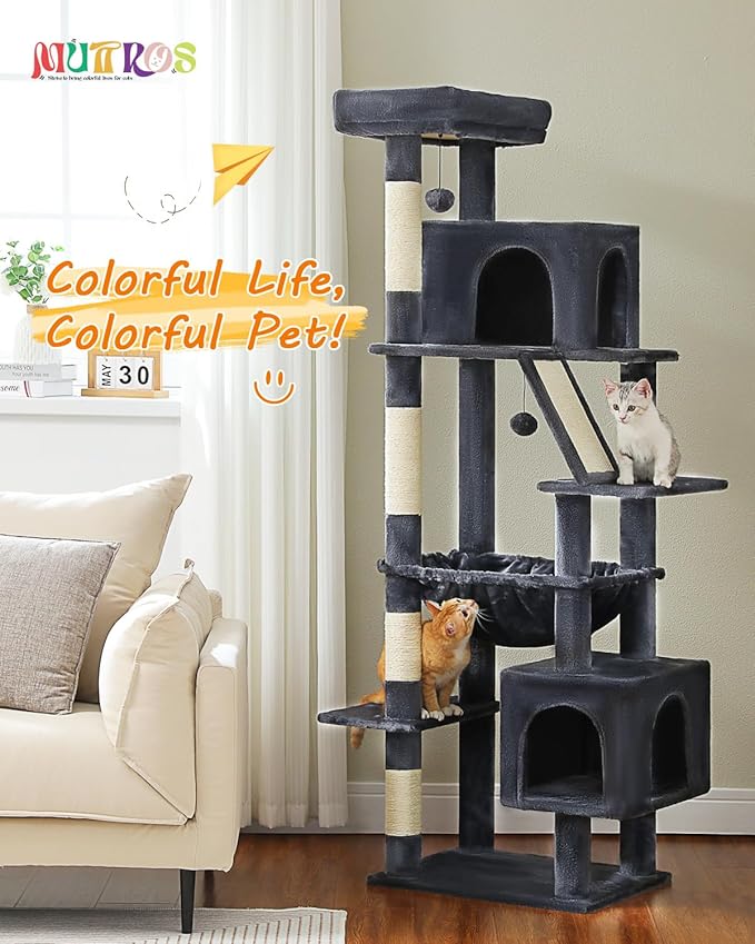 71" Tall Cat Tree for Large Cat 20 lbs with Super Large Hammock, Heavy Duty Cat Tower with 4 Sisal Scratching Posts & 2 Spacious Condos for Big Adult Cats Maine Coon -Dark Grey