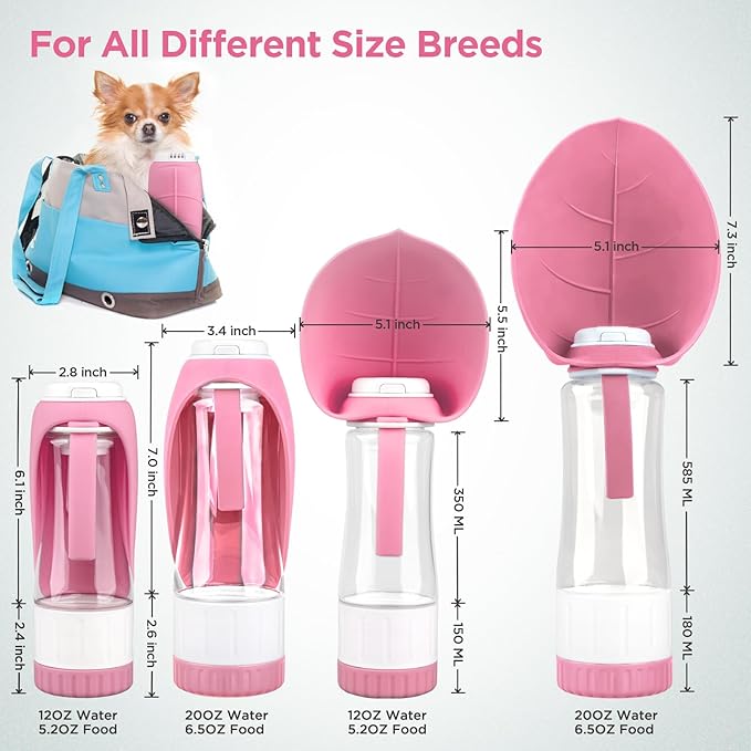 Dog Water Bottle, Pet Water Bottle with Food Container and Drinking Feeder, Leak Proof, BPA-Free, Portable Foldable Puppy Water Cup Dispenser for Outdoor Walking, Travel, Hiking Small Pink