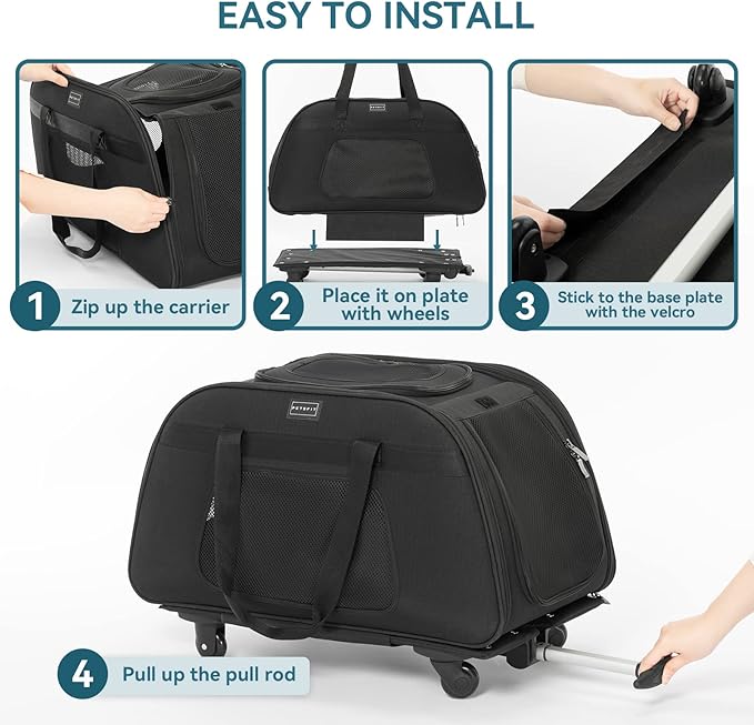 PETSFIT Extra Large Pet Carrier with Wheels- Rolling Dog Carrier for 2 Small Dogs, Large Cat Carrier on Wheels with Adjustable Safety Rope & Waterproof Bottom (๐ต๐๐ ๐จ๐๐๐๐๐๐ ๐จ๐๐๐๐๐๐๐
)