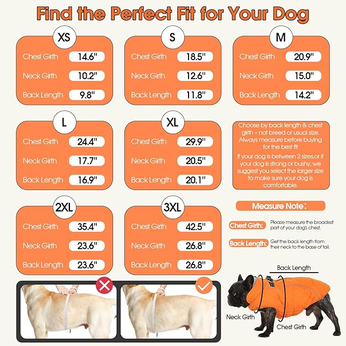 QBLEEV Small Dog Coat, Dog Jackets for Small Dogs, Winter Warm Waterproof Cold Weather Vest with Harness Built in, Windproof Puppy Reflective Fleece Dogs Snowsuit, Adjustable Neck, Blaze Orange, S