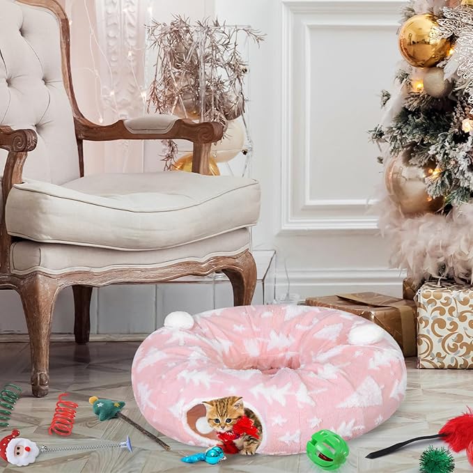 Christmas Cat Tunnel Bed with 8 Cat Toys Fluffy Plush Dog Tunnel Bed with Washable Cushion and Dangling Balls 3FT Multifunctional Playground for Small Medium Large Rabbit(Tree,Pink)