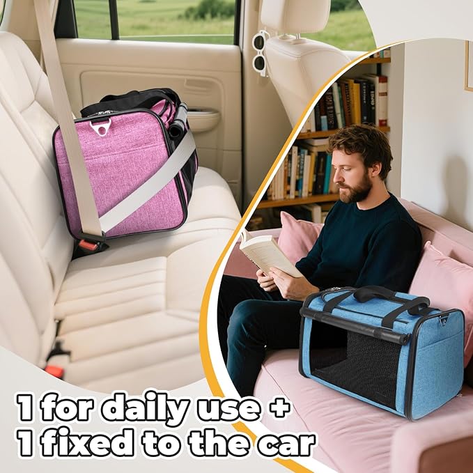 YUDODO 2 Packs 25 lbs Lightproof Soft Sided Pet Carrier for Large Cat & Small Dog Airline Approved Travel Bag Puppy Carriers with Side Pockets & Reflective Mesh, Foldable Portable Pink+Lake Blue