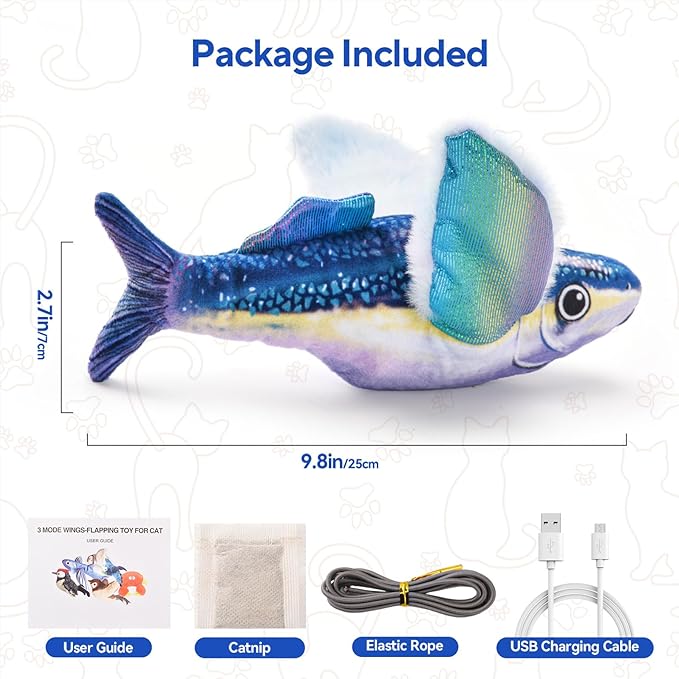 AUSCAT Flappy Fish Cat Toy, Simulated Chirping Floppy Fish Cat Toy Flapping Wings, Rechargeable,Interactive Catnip Toys for Indoor Cats (No Flying)