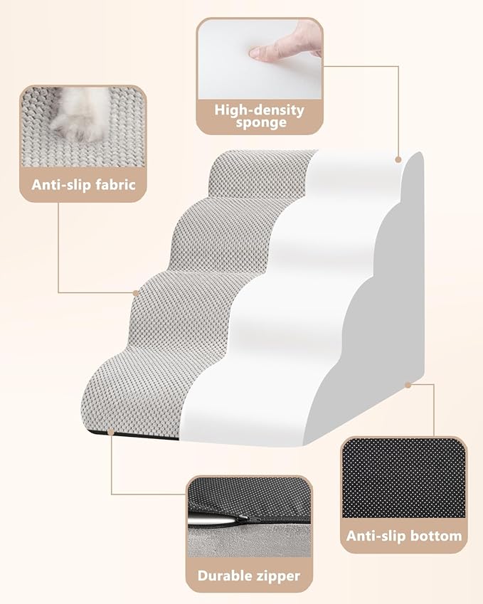 Dog Stairs Ramp for Bed and Couch,4 Step Dog Steps for Small Dogs,Pet Stairs with Non-Slip Bottom for Old Cats,Indoor Pet Steps,Comfort,Durable,17.4" H,Light Grey