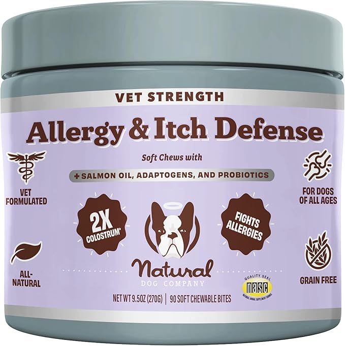 Natural Dog Company Allergy & Itchy Defense Chews 90 ct, Vet Strength High-Concentration Dog Allergy Relief with 2.4X Colostrum,2X Salmon Oil & 1.5X Probiotics, Supports Immune,Coat & Gut Health