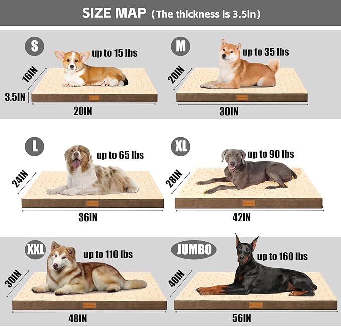 Patas Lague Orthopedic XL Dog Bed Large Sized Dog 42''X28'', Waterproof Soft Comfortable Egg Crate Foam Large Pet Beds Crate Mat with Removable Washable Cover and Nonskid Bottom, Brown
