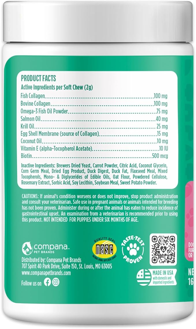 Doggie Dailies Skin & Coat Supplement Support, Salmon Oil for Dogs Skin and Coat with Collagen, Omega 3, Krill Oil, Biotin, & Coconut Oil for Dogs (Duck) 225 Soft Chews