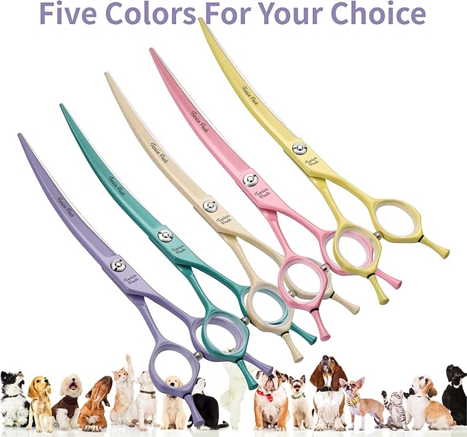 Fenice Peak Curved Dog Grooming Scissors with Violet Color Coating 440C Stainless Steel Pet Grooming Bending Shears Sharp and Durable Comfortable Engonomic Handle
