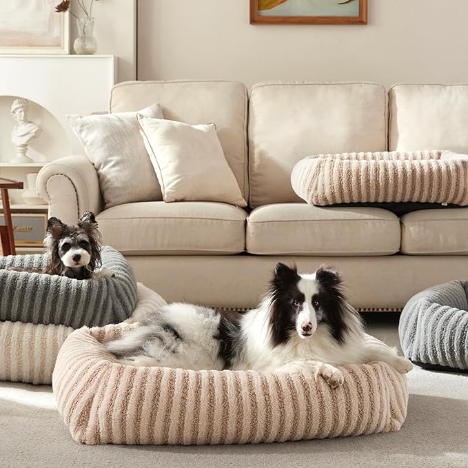 MIXJOY Dog Bed Large Size, Washable Large Dog Beds with Removable Cover, Rectangle Pet Beds for Big Dogs, Soft Warming Calming Pet Bed with Non-Slip Bottom, 36"x27"x8", Beige