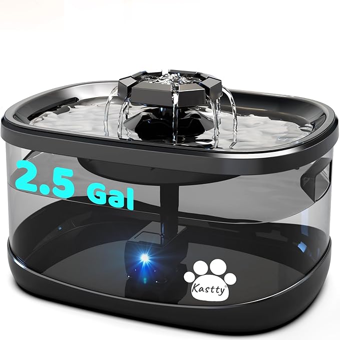 Kastty 2.5Gal/9.5L Dog Water Fountain 3 Flow Modes Cat Fountain with 2 Flower Spouts& 7" Larger Filter Super Filtration& Smart 3 in 1 LED Safe Pump, BPA-Free, Quiet for Large Dogs& Multi Pets(FS68)