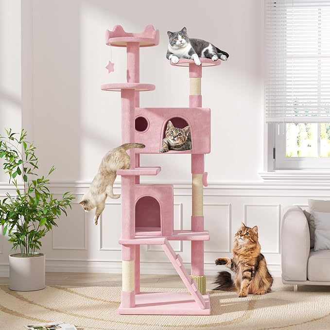 Magshion Cat Tree 77" Cats Tower for Indoor Cats, Multi-Level Cat Condo with Scratching Post, Top Perch, Sisal Board and Dangling Ball, Cat Stand Jumping Platform Kittens Pet Play House (Pink)