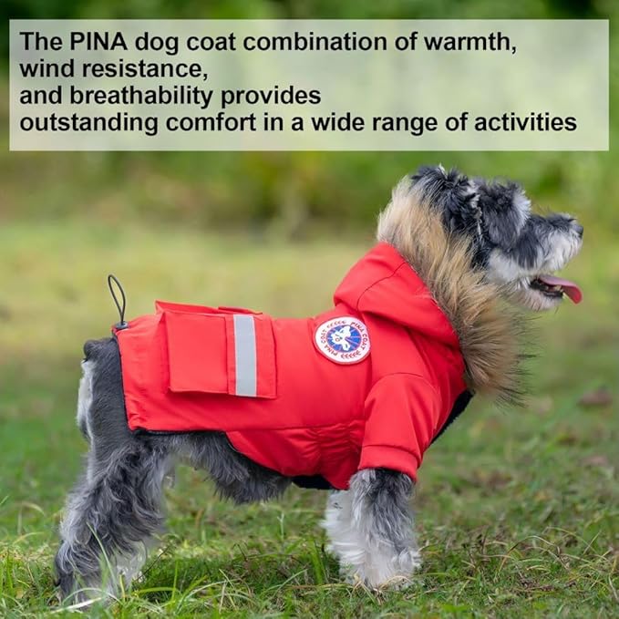 PINA Dog Coats - Waterproof Winter Jacket with Flannel Lining, Faux Fur Hood & Pocket for Small Dogs