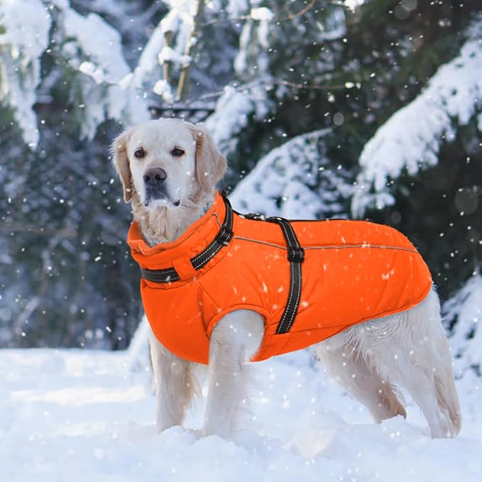 Lelepet Dog Winter Coat Waterproof Dog Jacket with Harness Built in Windproof Reflective Pet Coats for Small Medium Large Dogs, Thermal Fleece Lined Coats for Cold Weather Walking Hiking, Orange, XXL