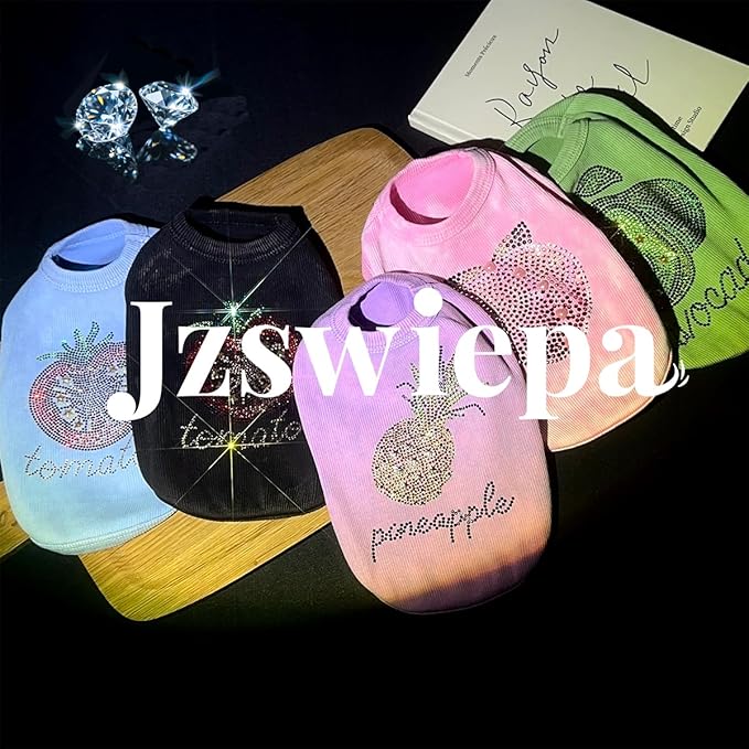 Washed Cotton Pet Vest with Rhinestone Fruit Designs, Soft & Stylish Small Dog Cat Vest for Spring Summer, Breathable & Shiny (Blue-Tomato, Large)