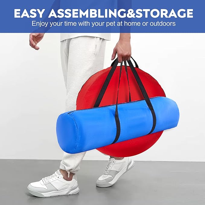 Dog Agility Training Equipment,Course Backyard Set Training Equipment for Dogs Pet Outdoor Game with Yellow, Blue and Red Tunnel, Agility Hurdle, Poles, Jump Ring, Pause Box, Toy Balls and Storage Bag