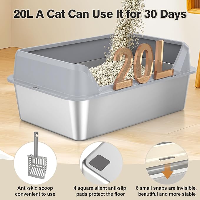 Stainless Steel Cat Box, XL Extra Large, Non-Sticky, Anti-Leakage, Metal, Easy to Clean (Grey)