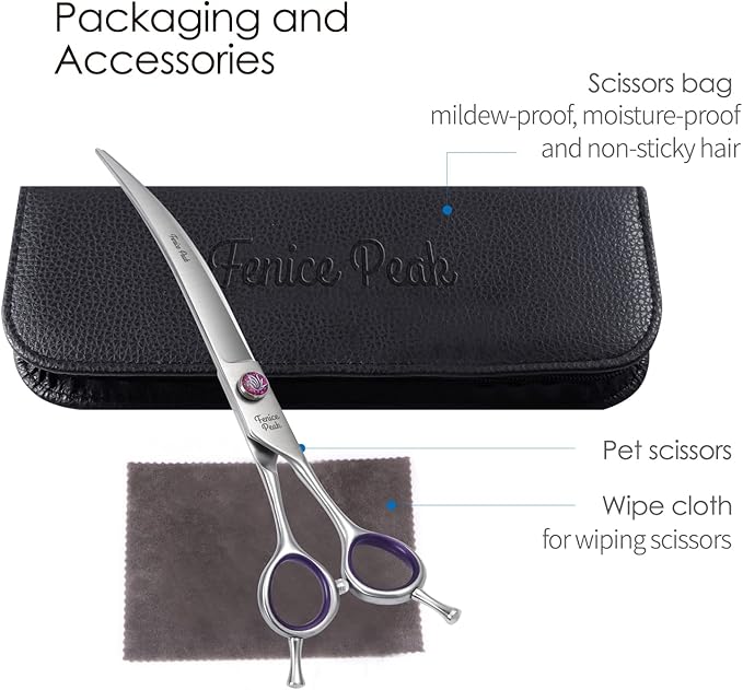 Fenice Peak 7'' Curved Dog Grooming Scissors with decorative screw Professional 440C Stainless Steel Metallic Pet Trimming Shears with Offset Handle Durable and Sharp