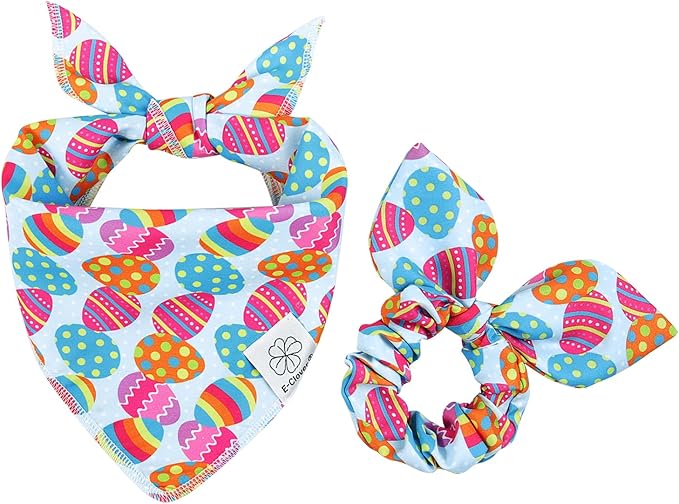E-Clover Easter Dog Bandana & Matching Scrunchie Set Egg Dog Bandanas Scarf with Bunny Hair Tie for Medium Large Dogs & Pet Owner Mom Gift