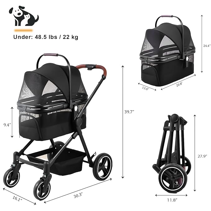 Foldable Dog Stroller, 3 in 1 Pet Stroller for Small Medium Dog Cat up to 50lbs, Detachble Portable Pet Bag, Storage Basket and One-Button Folding Frame