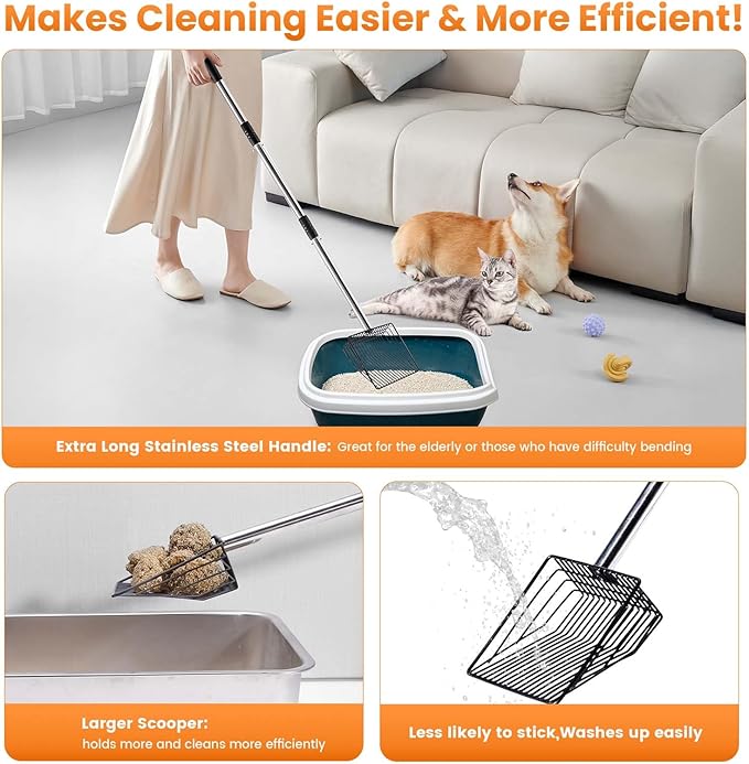 Cat Litter Scoop 43 inch Metal Litter Scooper with Stainless Steel Long Handle, Upgraded Large Kitty Box Scooper Heavy Duty Deep Shovel for Fast Sifting, Dog Waste Scooops for Outside Pet Poop