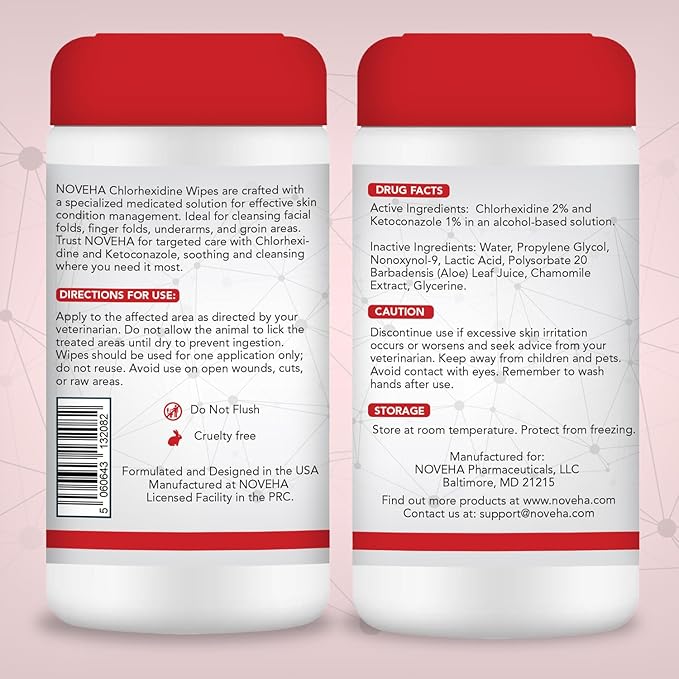 NOVEHA XL Cleansing Wipes with Aloe for Cats and Dogs - Formulated Pet Wipes for Facial, Finger Folds, and Underarms - Extra Large Size (5.5" x 7") - 120 Count