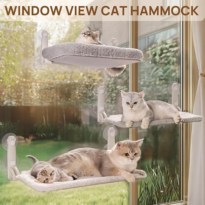Mewoo Cat Window Perch, Cordless Window Hammock with Steel Frame and Removable Soft Cover, Embeded Cat Seat with 4 Strong Suction Cups (Grey, 1 Pack)