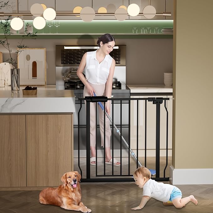 Walk Through Baby Gates Extra Wide for Stairs Doorways Auto Close Tension Black Metal Child Pet Safety Gates with Pressure Mount 62-67 Inch