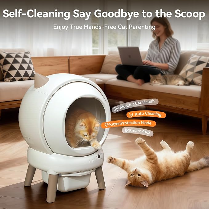 Self Cleaning Litter Box - E2 Automatic Cat Litter Box Large Smart Self Cleaning Robot for Cats, Double Safety Protection, App Control, 2 Roll Garbage Bags & Mat