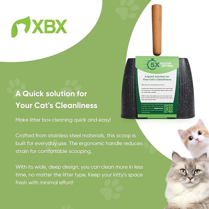 XBX Cat Litter Scoop with Holder, Heavy Duty Litter Sifter, Stainless Steel Litter Shovel, Litter Scooper with Beech Wood Grip and Washable Stand, Perfect for Cat Litter Box Cleaning