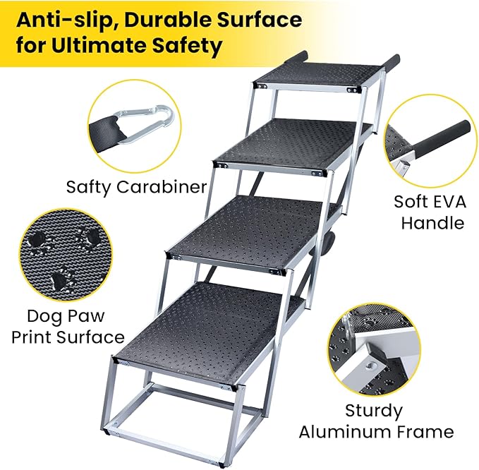 Dog Stairs for Large Dogs, Extra Wide Dog Ramp for Car with Non-Slip Surface, Folding and Portable Dog Car Ramp for SUV & Car, Outdoor, Supports up to 250 lbs, 4 Steps