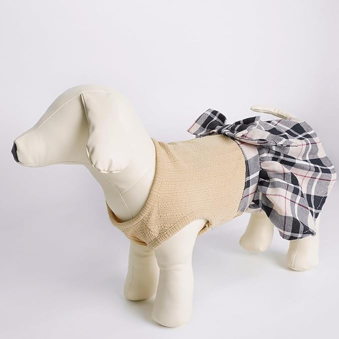 PUPTECK Classic Plaid Dog Dress Pet Apparel with Cute Bowtie Puppy Clothes Outfit,Cream,L