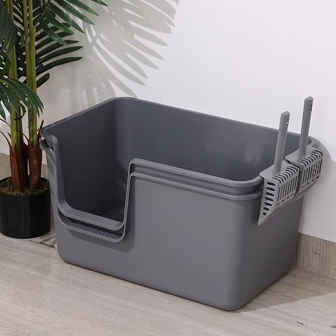 Gloreen 2-Pack Plastic High Sides Cat Litter Box, Open Top Cat Litter Box with Scoop, Grey