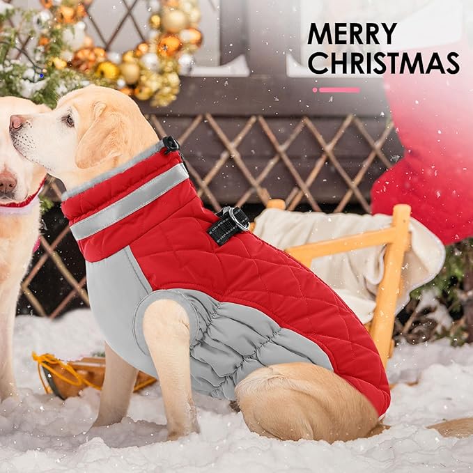 AOFITEE Dog Coat, Warm Dog Winter Coat for Large Dogs, Reflective Turtleneck Dogs Jacket with Harness Built in, Waterproof Windproof Pet Puffer Jacket Fleece Vest for Cold Weather, Christmas Red