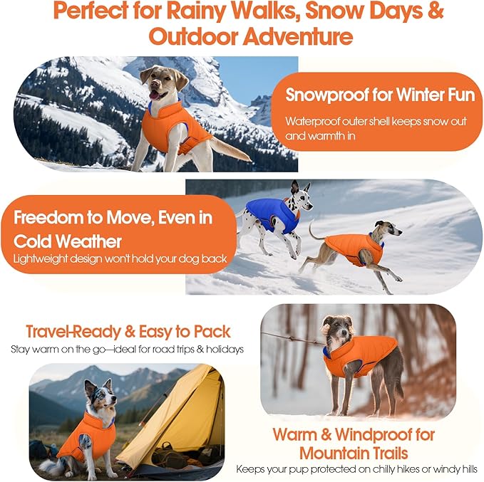 QBLEEV Reversible Dog Coat, Winter Warm Snowproof Dog Puffer Vest for Large Dogs Cold Weather, Windproof Lightweight Padded Jacket Snowsuit, Adjustable Outdoor Clothes for Great Dane, Orange, XXXL