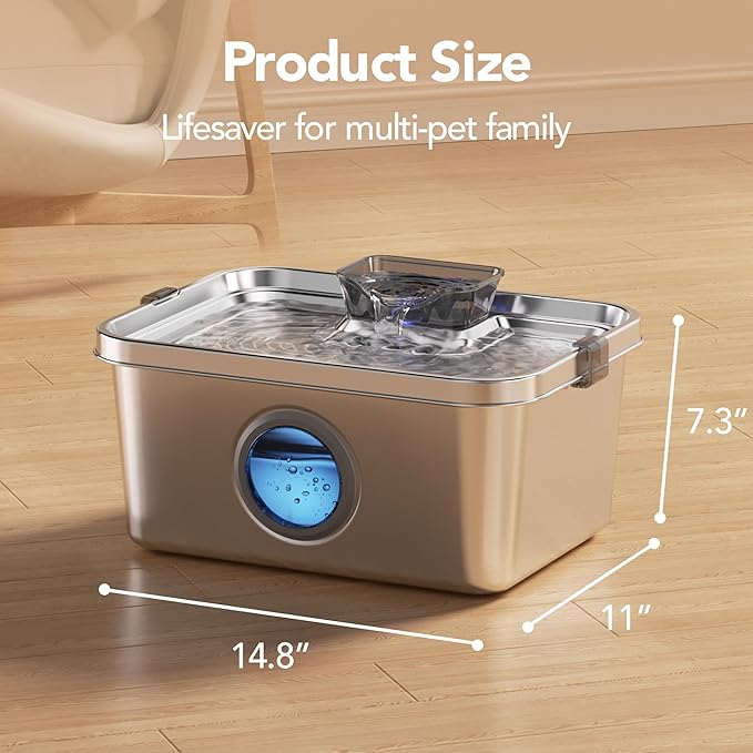 Dog Water Fountain, 3 Gallons Stainless Steel Dog & Cat Water Fountain, Large Pet Water Fountain for Multiple Pets, Ultra Silent, Wide Tray, Safety Lock, 3 Filters Included, Smart Water Pump