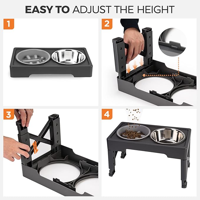 Elevated Dog Bowls with Slow Feeder, 4 Adjustable Heights Raised Dog Bowl Stand with Two 1.3L Stainless Steel Food & Water Bowls, Adjusts to 2.8”, 8.6”, 10.2”, 11.8” for Large Medium, Small Dog & Cats