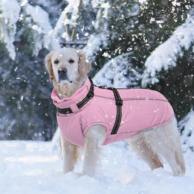 Lelepet Warm Dog Winter Coat Waterproof Dog Jacket with Harness Built in Windproof Reflective Fleece Jacket, Dogs Coats for Lage Dogs, Cozy Thermal Pet Snowsuit for Outdoor, French Bulldogs, Pink, L