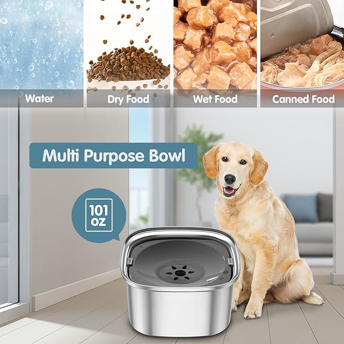 UPSKY 3L Dog Water Bowl No Spill, Splash Proof Dog Bowl Stainless Steel No Mess Slow Drinking Water Bowl, Dark Grey