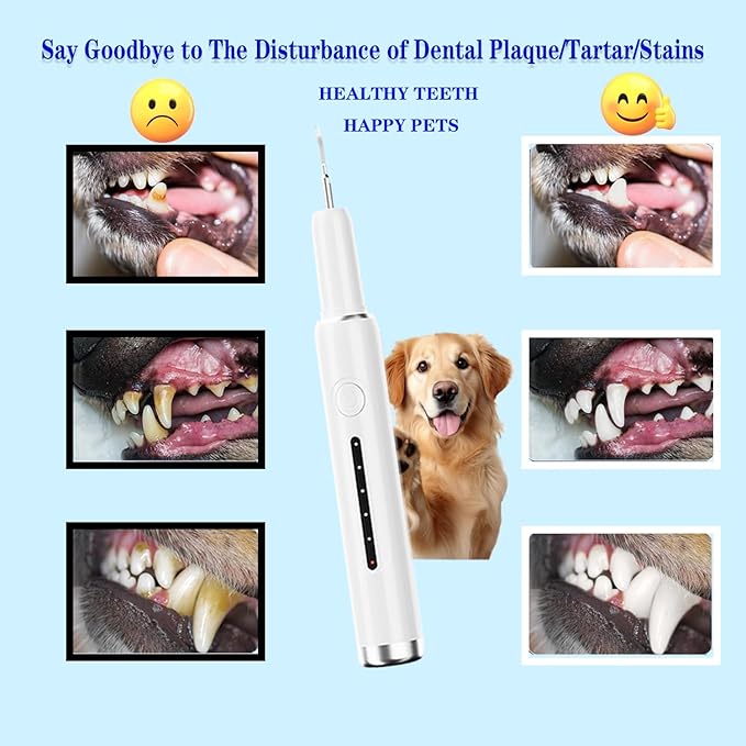 Pet Ultrasonic Plaque Remover,Tooth Cleaning Kit for Tartar and Stains,6 Modes Low Noise Sonic with LED Light,Safe for Dogs and Cat(White)