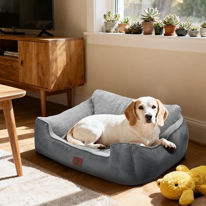 Dog Beds for Medium Dogs Washable, Rectangle Dog Beds Medium Size Dogs, Calming Puppy Pets with Non-Slip Bottom, 28”x20”x7”, Grey