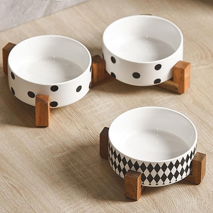 Petygooing Dog Bowls Ceramic, Cat Dog Bowl Set with Wood Stand for Food and Water,Non-Slip Cute Modern Pet Dishes for Cats Medium Size Dogs (28OZ/6.1 in) Black Dot