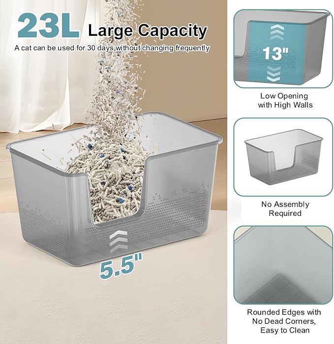 Extra Large Cat Litter Box with High Sided,24.8" Lx11.4 Wx13 H,Clear Jelly Color, Jumbo Litter Box for Big Cats,XL Cat Box for Multiple Cats,Kitty,Giant,Anti-Splashing,Easy to Clean (Grey)