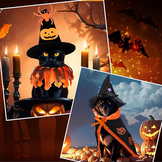 6 Pcs Halloween Pet Costume Cat Witch Halloween Costume Wizard Cat Clothes Cloak with Tutu Collar and Hat for Small Kitten Dogs Cosplay Party Decor