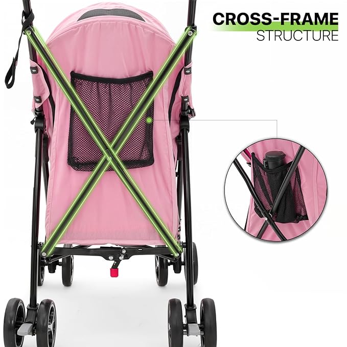 Magshion Compact Pet Stroller for Small-Medium Dogs/Cats up to 22lbs, 4-Wheel Lightweight Umbrella Shaped Portable Puppy Travel Jogger with Breathable Mesh & Rear Storage, Pink