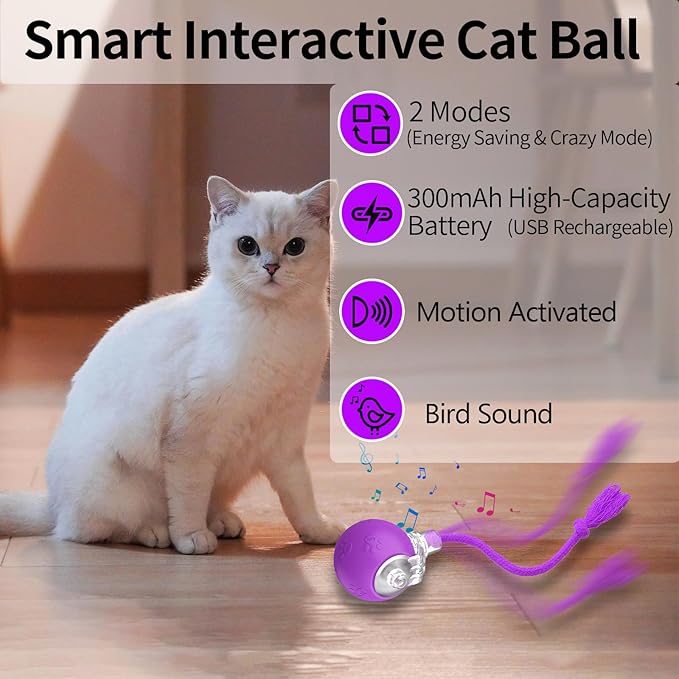 Interactive Cat Toys, Automatic Moving Cat Toys for Bored Indoor Adult Cats, Fast Rolling, Chirping & Motion-Activated Kitty Toys, Fun Gift for Cats with Speedy Tail 2.0, USB Rechargeable, Purple