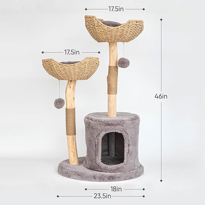 Modern Cat Tree for Indoor Cats Large Adult, 46" Tall Wooden Cat Tower for Large Cats with Scratching Post, Luxury Cat Condo, Grey
