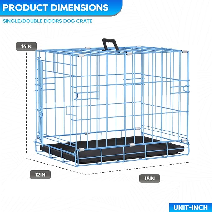FDW Dog Crate for Small Dogs 18 Inch Folding Metal Wire Pet Cage Single Door W/Divider Panel Indoor Outdoor Kennel Leak-Proof Plastic Tray,Blue